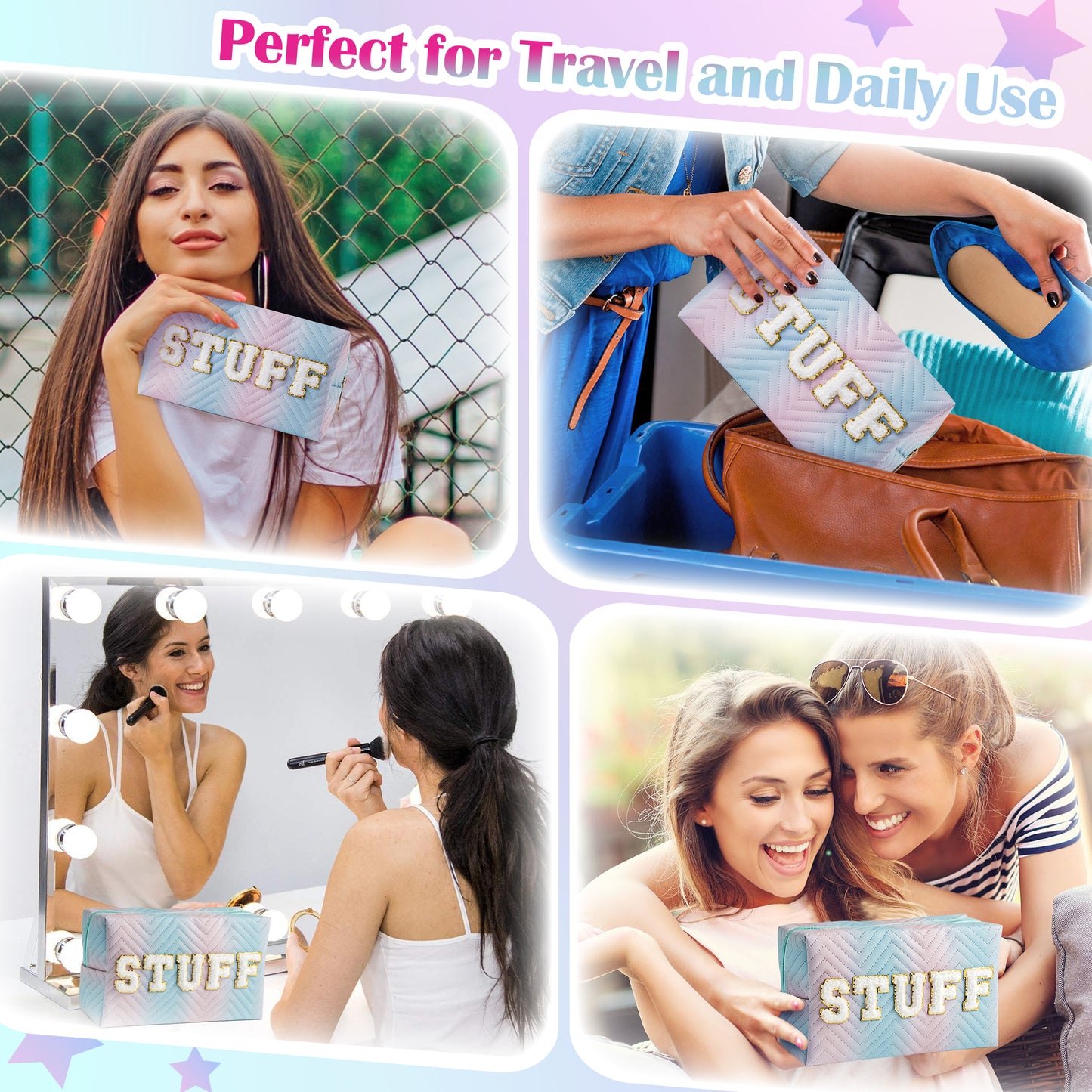 Y1tvei STUFF Gradient Makeup Bag - Preppy STUFF Chenille Letter Pouch Cute Patch Blue Pink Gradient Makeup Bag Colorful Leather Waterproof Cosmetic Pouch Toiletry Zipper Organizer Gifts for Women