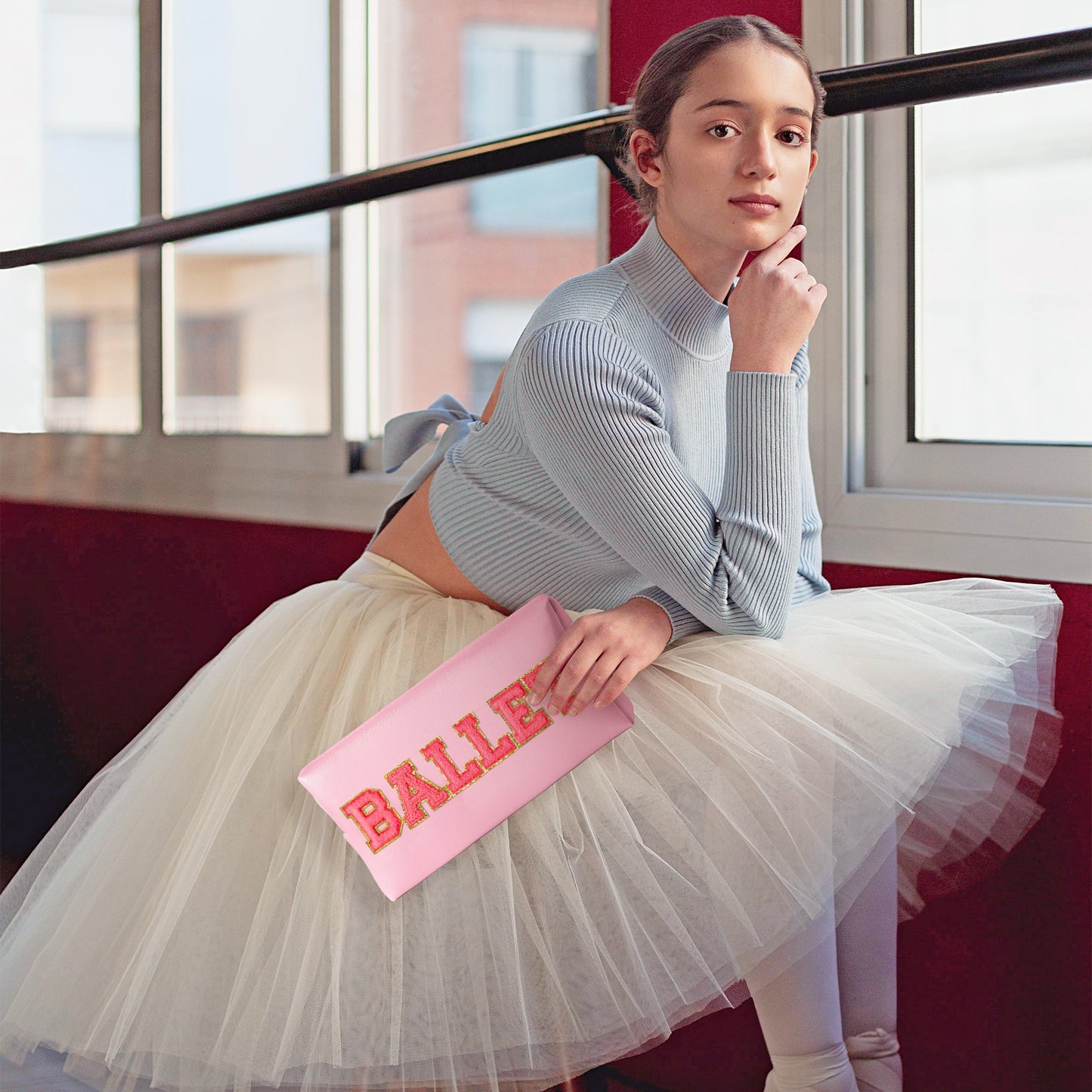 Y1tvei Ballet Cosmetic Bag for Girls - Preppy Patch BALLET Rose Red Chenille Letter Makeup Bag PU Leather Waterproof Portable Ballerina Makeup Pouch Dance Recital Travel Toiletry for Girl Dancer(Pink)