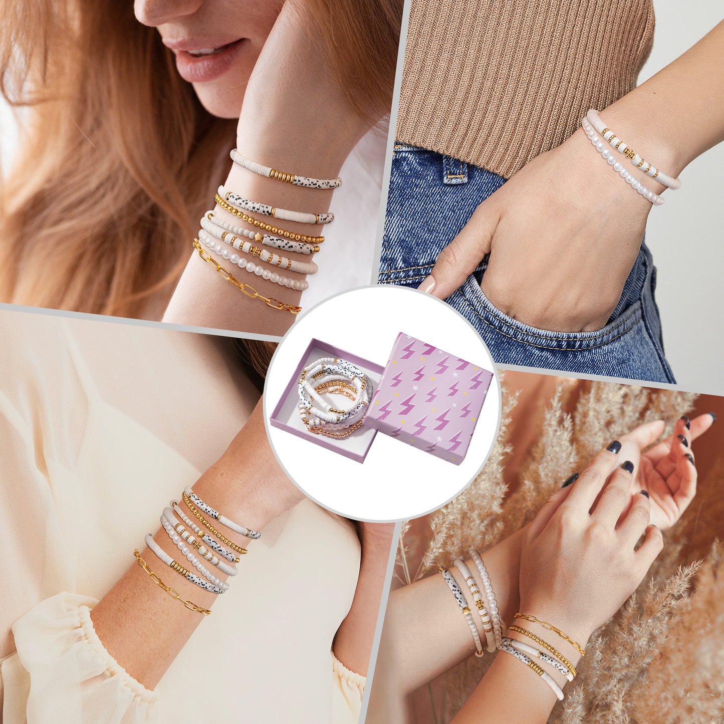 Y1tvei 7Pcs White Surfer Heishi Clay Bead Bracelet Set Boho Stackable Pearl Clay Beaded Layering Stretch Mix Bracelet Gold Plated Bead Jewelry Summer Beach Friendship Charm Bracelet for Women Girls
