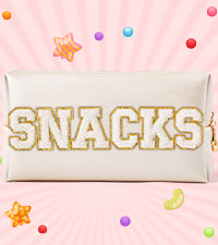 Y1tvei Large SNACKS Cosmetic Bag - Preppy White Snacks Chenille Varsity Letter Makeup Bag PU Leather Waterproof Toiletry Bag Zipper Pouch for Purse Travel Cosmetic Organizer Gift for Women(Shell Gold)