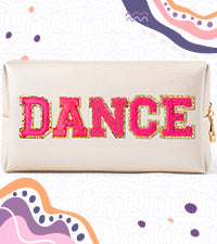 Y1tvei DANCE Large Cosmetic Bag - Preppy Patch DANCE Hot Pink Chenille Letter Makeup Bag PU Leather Waterproof Portable Dance Toiletry Pouch Travel Organizer Dancer Gift for Women Girl (Shell Gold)