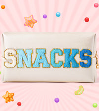 Y1tvei Large SNACKS Cosmetic Bag - Preppy Blue Snacks Chenille Varsity Letter Makeup Bag, PU Leather Waterproof Toiletry Bag Zipper Pouch for Purse Travel Cosmetic Organizer Gift for Women(Shell Gold)
