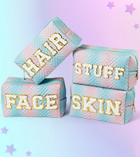 Y1tvei 4Pcs Preppy Patch Hair Skin Face Stuff Blue Pink Gradient Makeup Bag Set Chenille Letter Pouch Cute Patch Fantasy Cosmetic Bag Waterproof Travel Toiletry Bag Carry On Zipper Organizer for Women