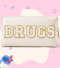 Y1tvei DRUGS Letter Cosmetic Bag - Preppy White Drugs Chenille Varsity Letter Makeup Bag, Leather Waterproof Toiletry Bag Large Medicine Pouch for Purse Travel Cosmetic Organizer for Women(Shell Gold)