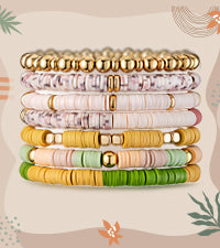 Y1tvei Earth Tone Bead Bracelets - 7Pcs Earth Tone Clay Bead Surfer Bracelet Set Gold Plated Bead Stackable Stretch Bracelet Layering Summer Beach Jewelry Friendship Bracelet Gift for Women Teen Girls