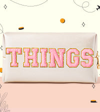 Y1tvei Large THINGS Cosmetic Bag - Preppy Pink Things Chenille Varsity Letter Makeup Bag, Leather Waterproof Toiletry Bag Zipper Pouch for Purse Travel Cosmetic Organizer Gift for Women(Shell Gold)