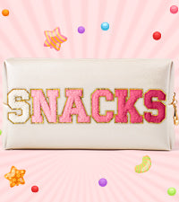 Y1tvei Large SNACKS Cosmetic Bag - Preppy Red Snacks Chenille Varsity Letter Makeup Bag, PU Leather Waterproof Toiletry Bag Zipper Pouch for Purse Travel Cosmetic Organizer Gift for Women(Shell Gold)
