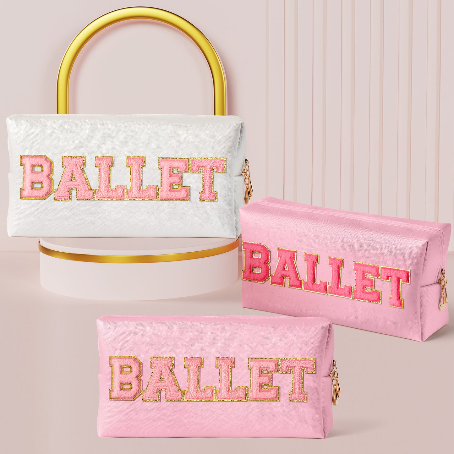 Y1tvei Ballet Cosmetic Bag for Girls - Preppy Patch BALLET Rose Red Chenille Letter Makeup Bag PU Leather Waterproof Portable Ballerina Makeup Pouch Dance Recital Travel Toiletry for Girl Dancer(Pink)