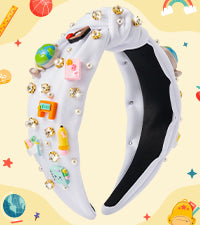 Y1tvei Teacher Appreciation Gifts Headband - White Cute Pencil Crystal Rhinestone Pearl Embellished Knotted Headband Wide Top Knot Teacher Hair Accessories Trendy Back to School Outfit for Women Girls