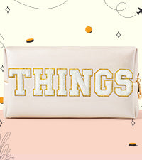 Y1tvei Large THINGS Cosmetic Bag - Preppy White Things Chenille Varsity Letter Makeup Bag, Leather Waterproof Toiletry Bag Zipper Pouch for Purse Travel Cosmetic Organizer Gift for Women(Shell Gold)