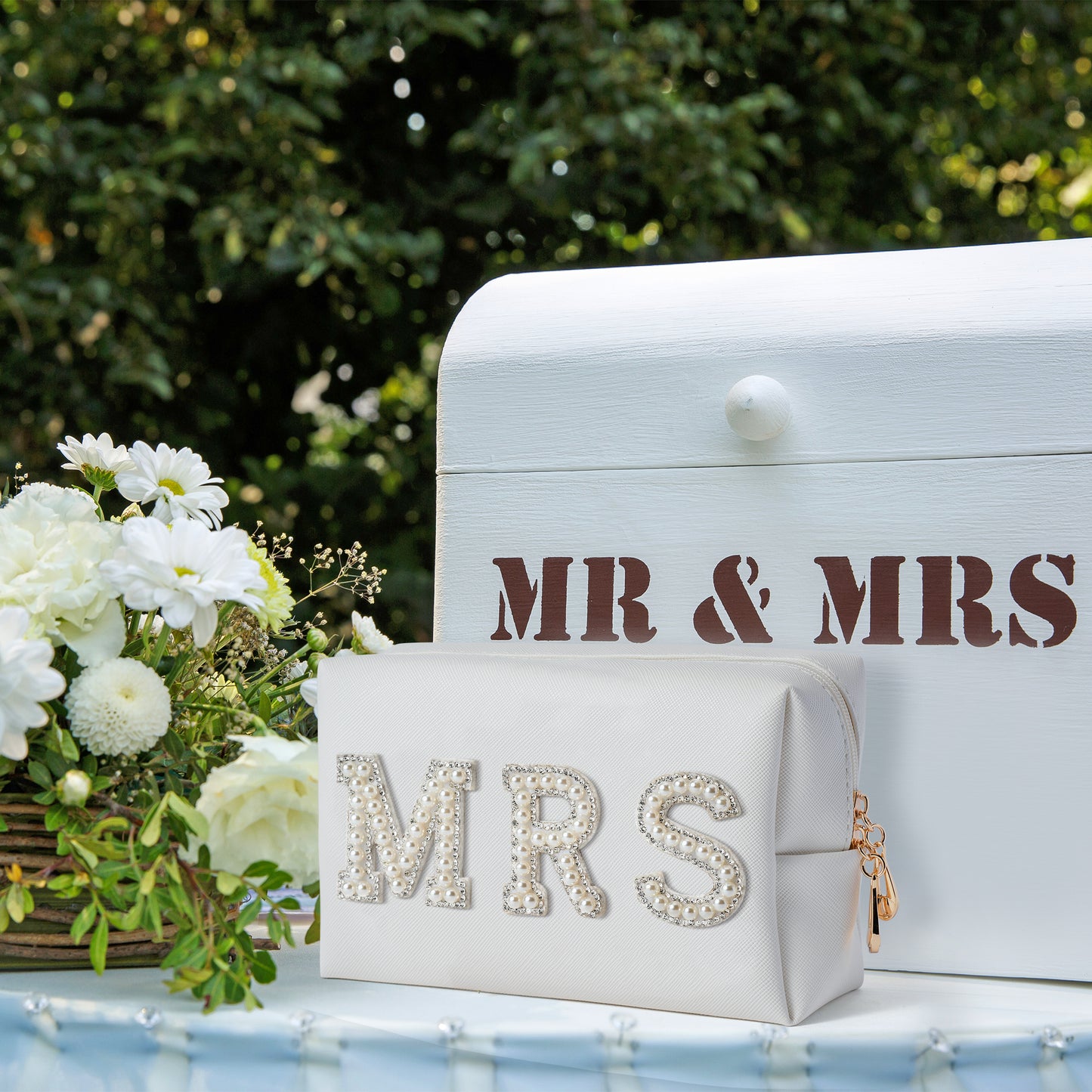 Y1tvei Bride MRS Patch Varsity Letter Cosmetic Toiletry Big Bag Pearl Rhinestone Letter Patches Large White Makeup PU Bag Waterproof Portable Zipper Purse Travel Organizer for Wedding Bride Bridesmaid