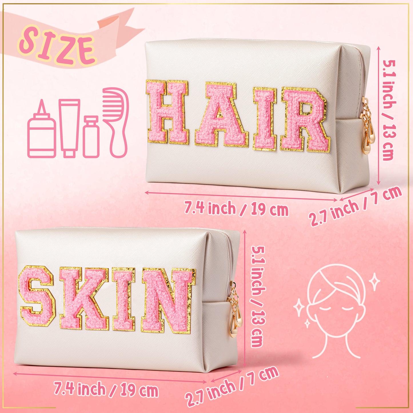 Y1tvei 2Pcs Preppy Patch SKIN HAIR Varsity Letter Cosmetic Toiletry Bag Pink Letter Makeup Bag Zipper Pouch Storage Portable Purse Waterproof Travel Organizer Gift for Women Teen Girls (Shell Gold)