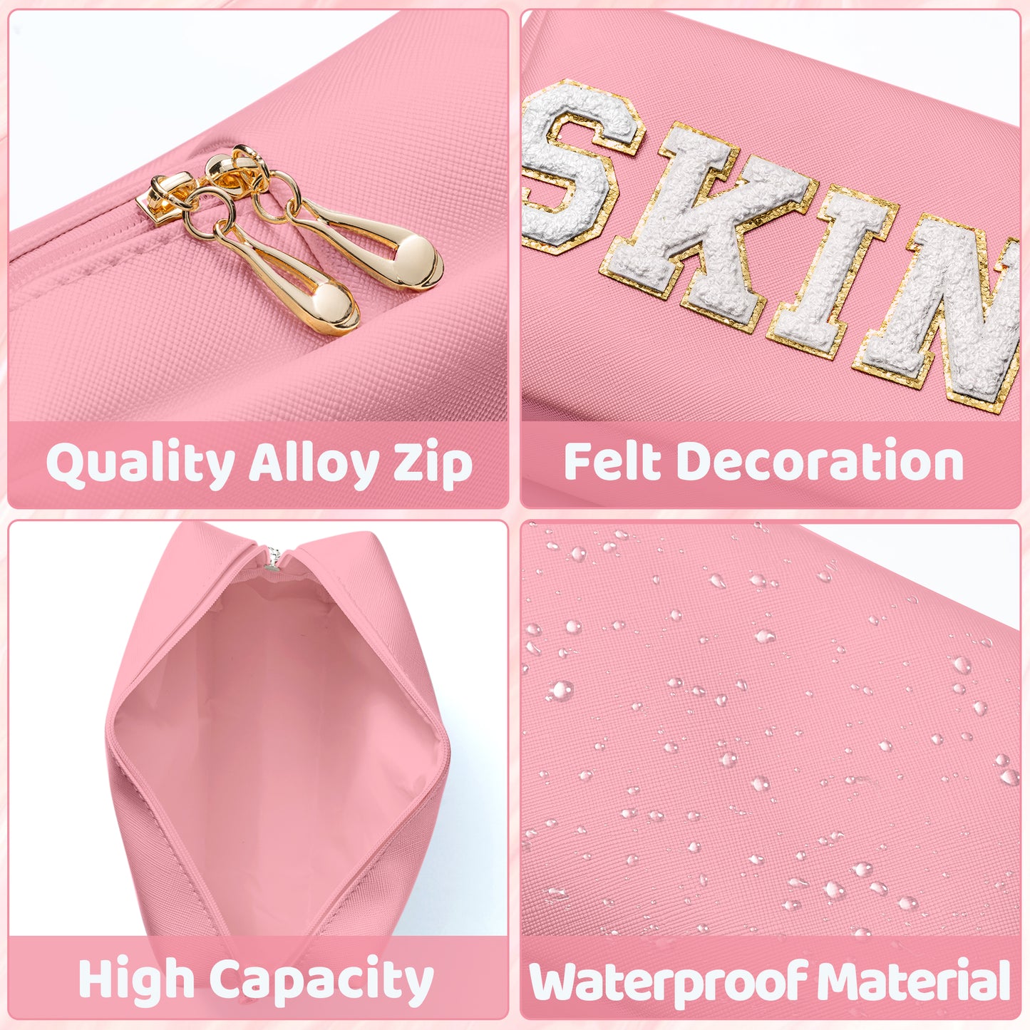 Y1tvei Preppy Patch SKIN White Letter White Cosmetic Toiletry Bag PU Leather Portable Makeup Bag Daily Use Storage Pouch Toiletry Purse Waterproof Organizer for Travel Varsity Women Girls Teens(Pink)