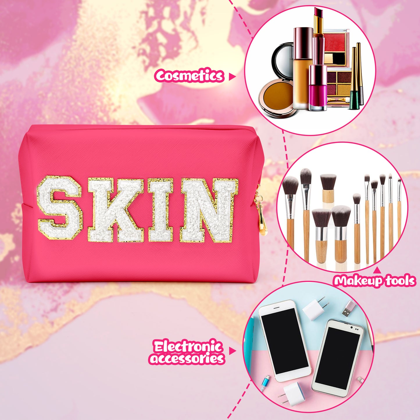 Y1tvei Preppy Patch SKIN White Letter White Cosmetic Toiletry Bag PU Leather Portable Makeup Bag Daily Use Storage Pouch Toiletry Purse Waterproof Organizer for Travel Varsity Women Girls (Rose Pink)