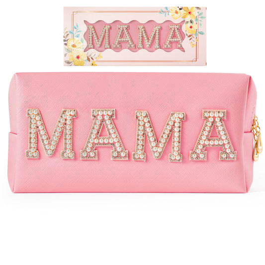 Y1tvei Pearl Rhinestone Mama Letter Pink Patch Makeup Bag Extra Large Pu Leather Cosmetic Pouch Varsity Pearl Letter Toiletry Bag Waterproof Travel Organizer Mom Birthday Gift for Mother Women (Pink)