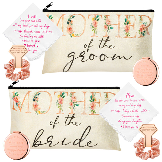 Y1tvei 8Pcs Flower Mother of the Groom and Bride Gifts Set Mother of the Bride Canvas Cosmetic Bag Small Makeup Mirror Handkerchief Rose Gold Scrunchies Engagement Wedding Gifts for Mom Mother in Law