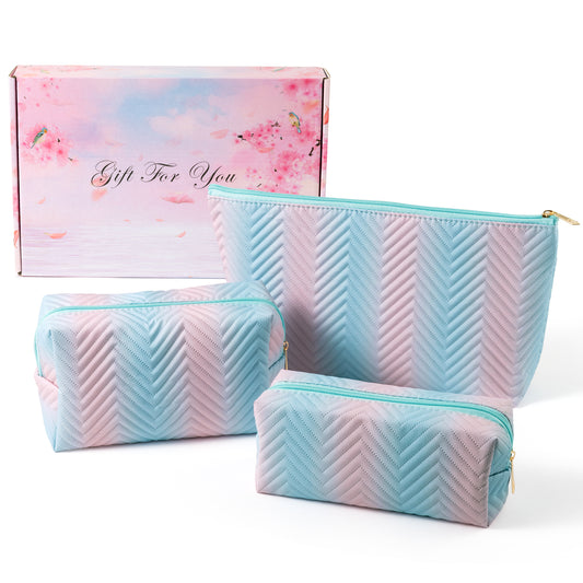 Y1tvei Gradient Makeup Bag Set - 3Pcs Blue Pink Gradient Makeup Bag Colorful Leather Waterproof Fantasy Cosmetic Pouch Makeup Brush Bag Zipper Carry Pouch Travel Toiletry Organizer Gifts for Women