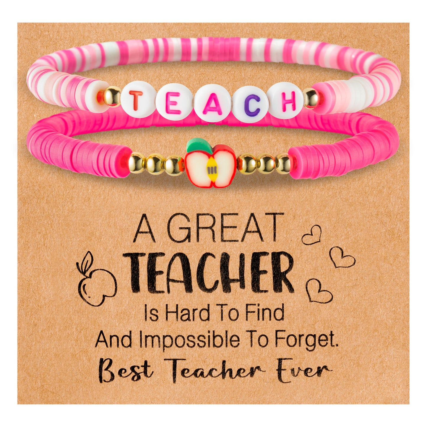 Y1tvei 2Pcs Teacher Appreciation Bracelet Gift Stackable Teach Apple Beaded Heishi Polymer Clay Bead Layering Stretch Bracelet Personalized Jewelry Back to School Gifts for Teacher from Student (Pink)