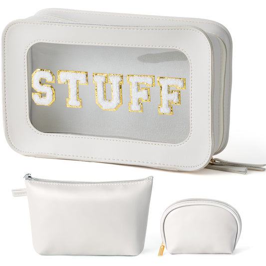 Y1tvei STUFF Clear Cosmetic Bag - 3Pcs White Stuff Chenille Patch Clear Makeup Bag , PU Leather Waterproof Toiletry Bag with Makeup Pouch for Purse, Large Beach Travel Organizer for Women (White)