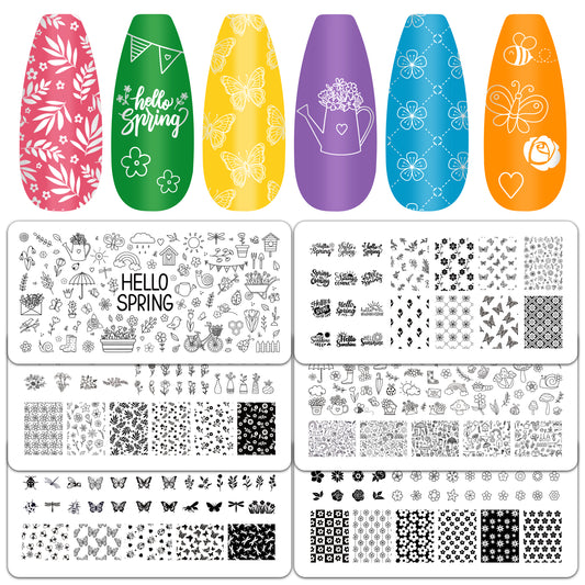 Y1tvei Spring Nail Stamping Plates - 6Pcs Flower Butterfly Hello Spring Theme Nail Art Stamp Plates, Stainless Steel Nail Polish Stamping Templates, Nail Art Printer DIY Manicure Stamp Plate for Women