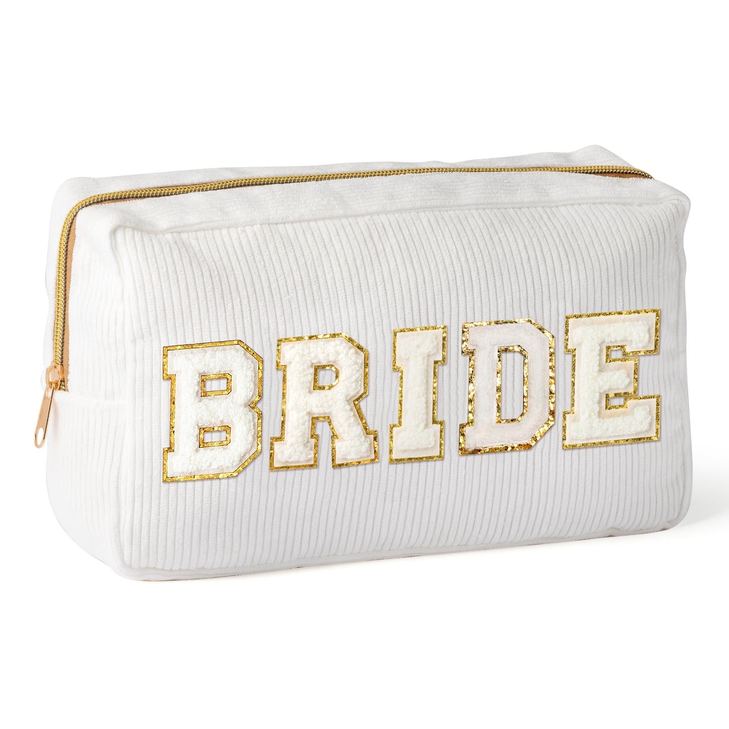 Y1tvei White Bride Patch Varsity Letter Cosmetic Bag White Chenille Letter Corduroy Portable Large Makeup Bag Zipper Pouch Travel Toiletry Organizer Bride Essentials Gift for Wedding Bride Bridesmaid