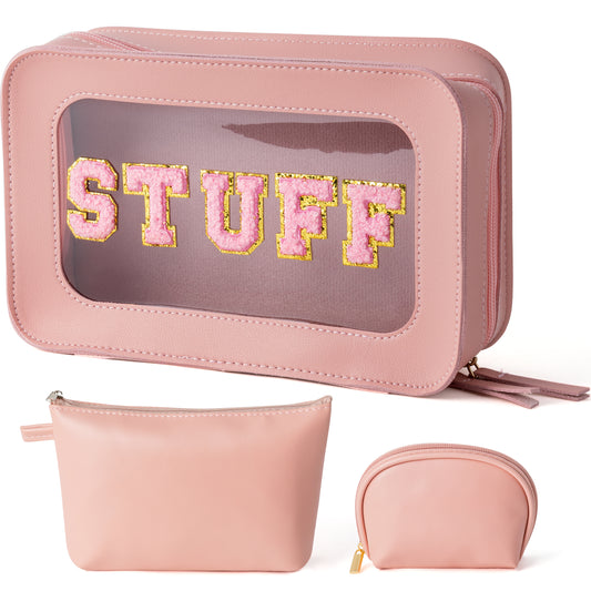 Y1tvei STUFF Clear Cosmetic Bag - 3Pcs Pink Stuff Chenille Patch Clear Makeup Bag , PU Leather Waterproof Zipper Toiletry Bag with Makeup Pouch for Purse, Large Beach Travel Organizer for Women (Pink)