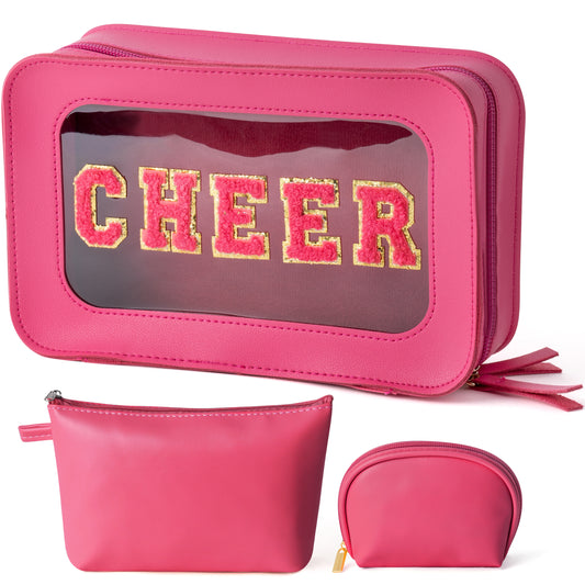 Y1tvei CHEER Clear Cosmetic Bag - 3Pcs Hot Pink Cheer Chenille Patch Clear Makeup Bag , Leather Waterproof Travel Toiletry Organizer with Makeup Pouch for Purse, Cheer Gift for Cheerleader(Rose Red)