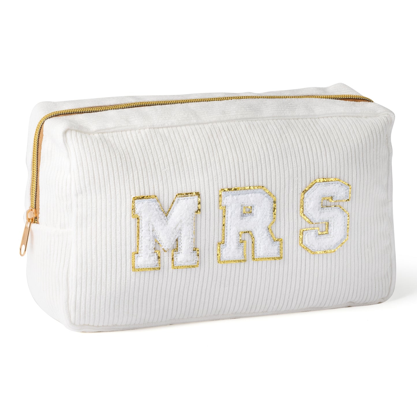 Y1tvei White Mrs Patch Varsity Letter Cosmetic Bag White Chenille Letter Large Portable Corduroy Makeup Bag Zipper Pouch Travel Toiletry Organizer Bride Essentials Gift for Wedding Bride Bridesmaid