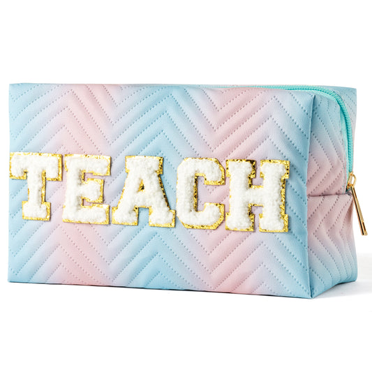 Y1tvei TEACH Gradient Makeup Bag - Preppy TEACH Chenille Letter Patch Blue Pink Gradient Makeup Bag Colorful Leather Waterproof Cosmetic Pouch Toiletry Bag Teacher Appreciation Gifts for Women Teacher