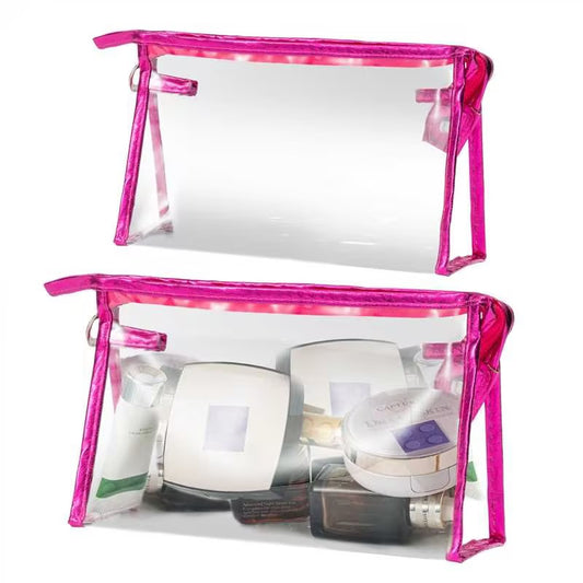 Y1tvei Clear Makeup Bag Set - 2Pcs Preppy Clear Cosmetic Travel Bag TSA Approved Large PVC Transparent Waterproof Plastic Sunscreen Pouch Beach Pool Summer Toiletry Organizer for Women(Rose Red)