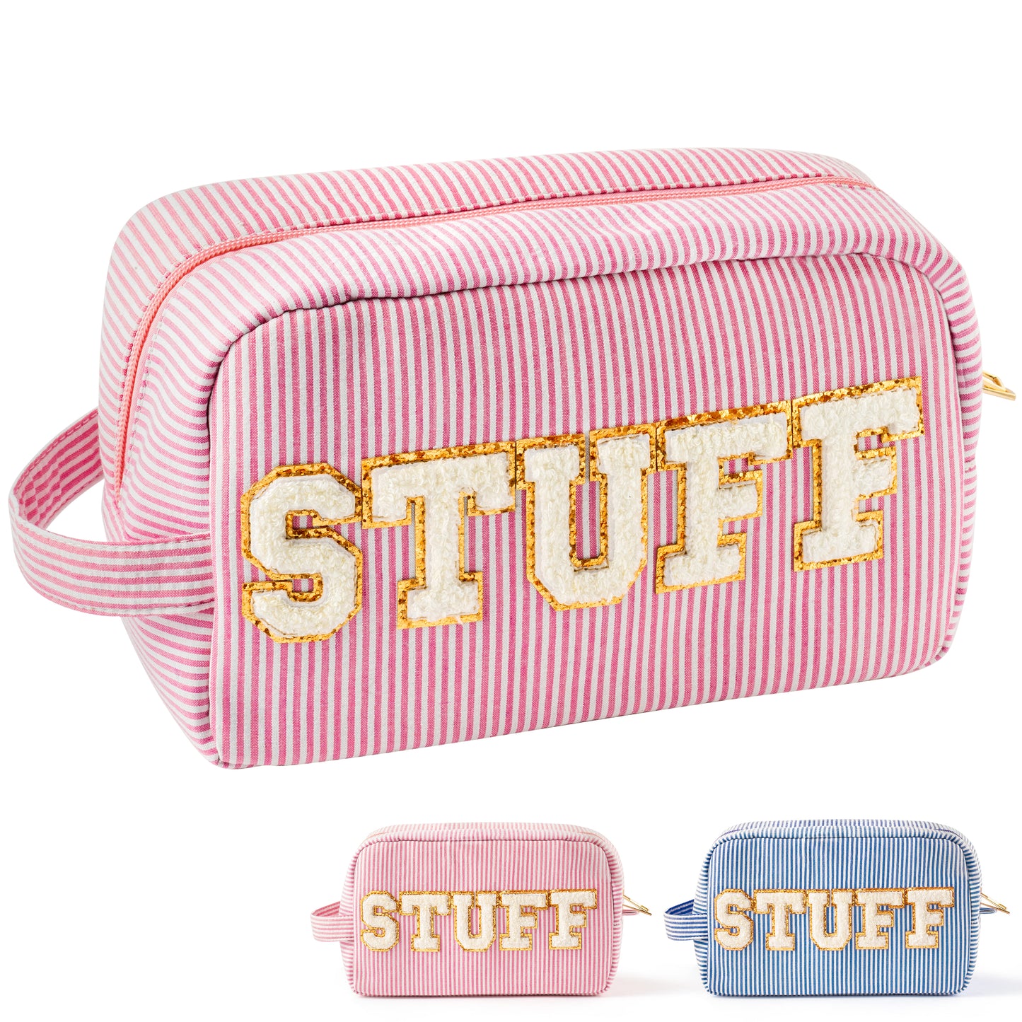 Y1tvei Pink White Striped STUFF Travel Makeup Bag with Side Handle Seersucker Chenille Letter Cosmetic Beauty Pouch Portable Zipper Toiletry Compliant Bag Large Capacity Travel Organizer for Women