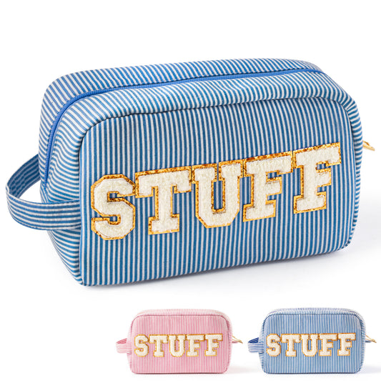 Y1tvei Blue White Striped STUFF Travel Makeup Bag with Side Handle Seersucker Chenille Letter Cosmetic Beauty Pouch Portable Zipper Toiletry Compliant Bag Large Capacity Travel Organizer for Women