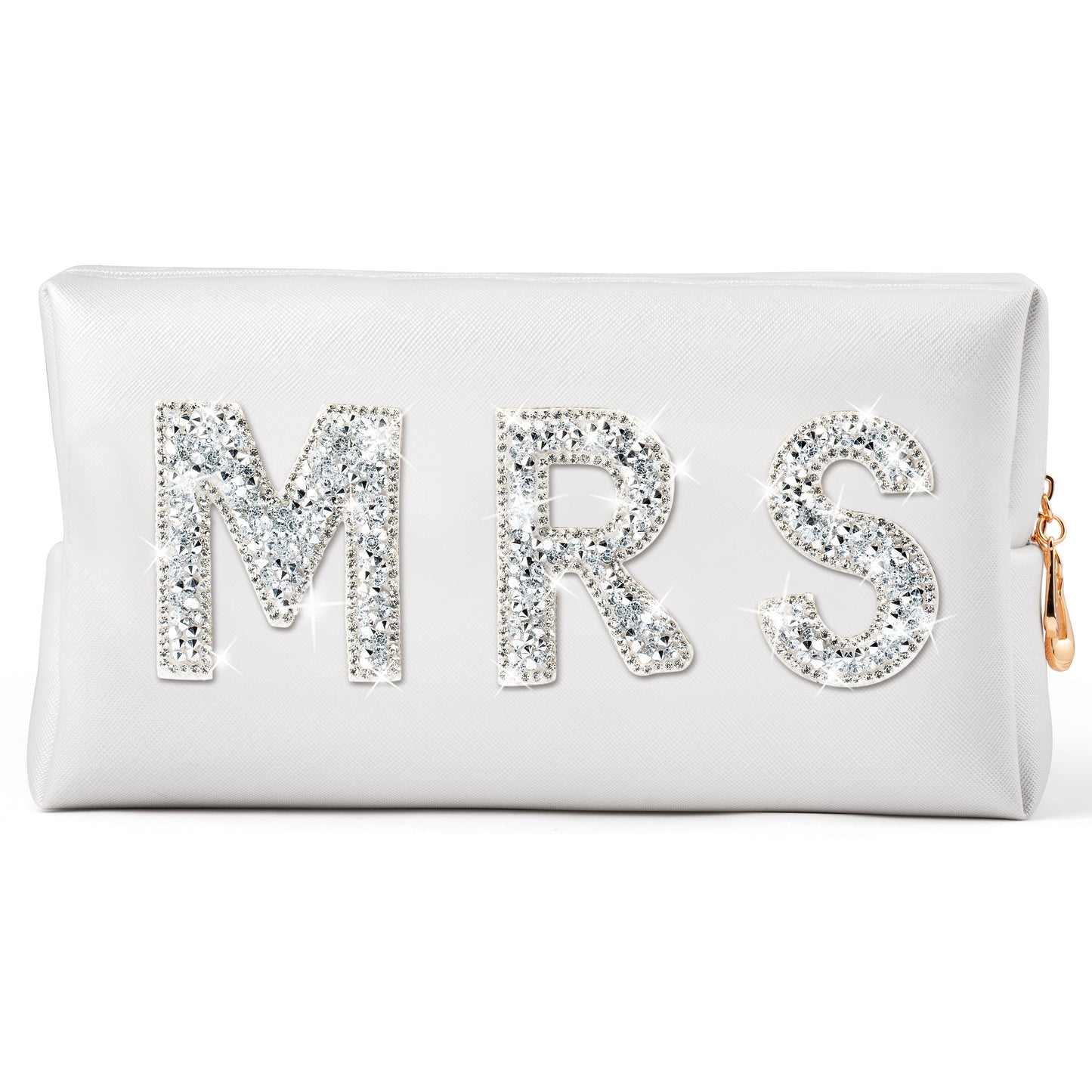 Y1tvei MRS Diamond Rhinestone Patch Letter Cosmetic Bag Sparkle Bride Toiletry Bag White Waterproof Makeup Bag Personalized Gift for Bridal Shower Wedding Bridesmaid Birthday Bachelor Party(X-Large)