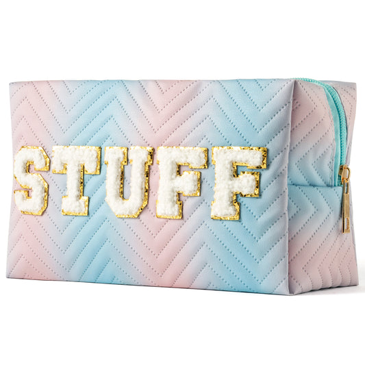 Y1tvei STUFF Gradient Makeup Bag - Preppy STUFF Chenille Letter Pouch Cute Patch Blue Pink Gradient Makeup Bag Colorful Leather Waterproof Cosmetic Pouch Toiletry Zipper Organizer Gifts for Women