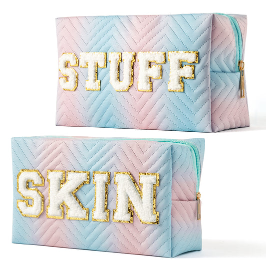 Y1tvei Preppy Patch SKIN STUFF Chenille Letter Blue Pink Gradient Makeup Bag Colorful Leather Waterproof Portable Fantasy Cosmetic Pouch Travel Toiletry Bag Carry On Zipper Organizer Gifts for Women