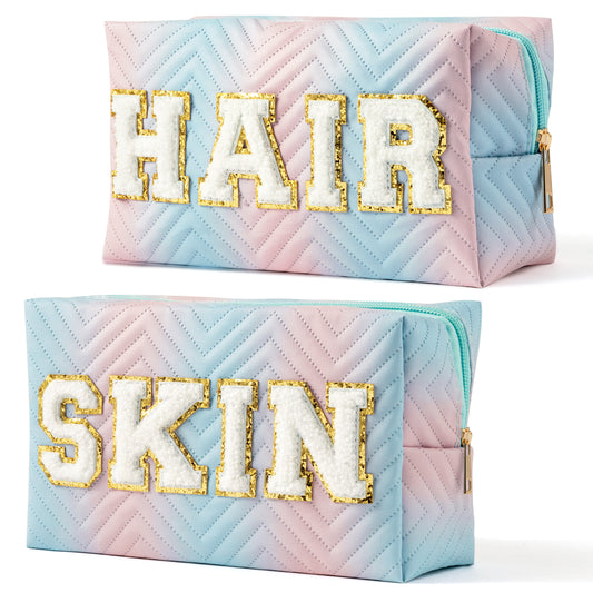 Y1tvei Preppy Patch SKIN HAIR Chenille Letter Blue Pink Gradient Makeup Bag Colorful Leather Waterproof Portable Fantasy Cosmetic Pouch Travel Toiletry Bag Carry On Zipper Organizer Gifts for Women