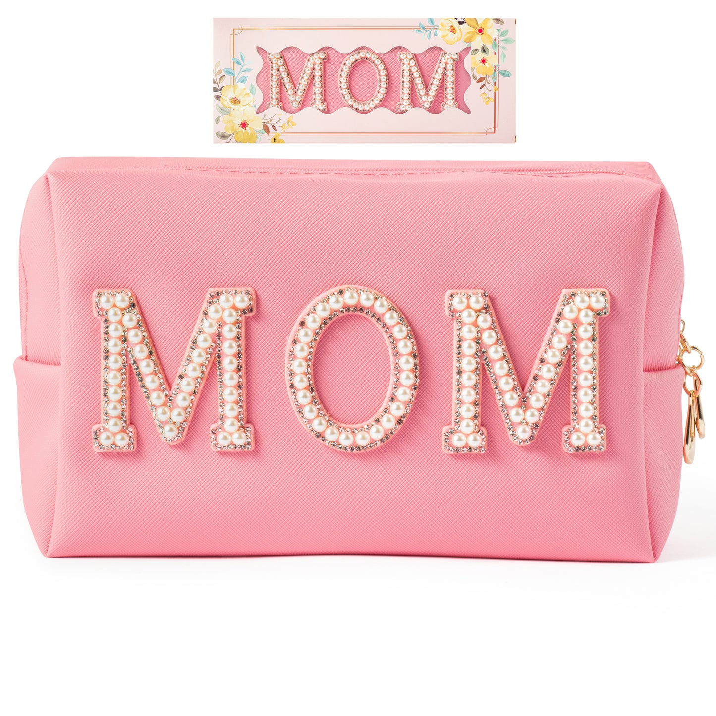 Y1tvei Pearl Rhinestone Mom Letter Pink Patch Makeup Bag Pu Leather Cosmetic Pouch with Varsity Pearl Letter Toiletry Bag Waterproof Portable Travel Organizer Mother Birthday Gift for Mom Women(Pink)