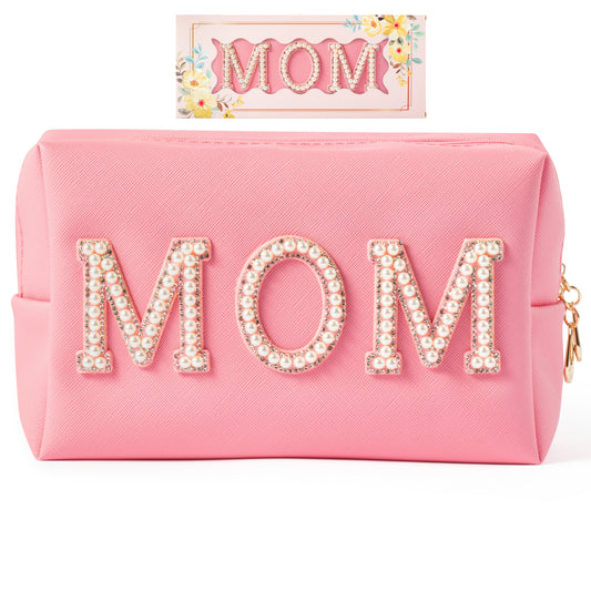 Y1tvei Pearl Rhinestone Mom Letter Pink Patch Makeup Bag Pu Leather Cosmetic Pouch with Varsity Pearl Letter Toiletry Bag Waterproof Portable Travel Organizer Mother Birthday Gift for Mom Women(Pink)