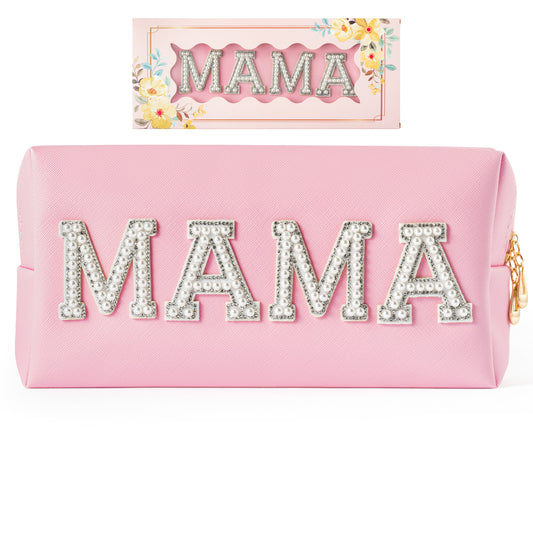 Y1tvei Preppy Patch MAMA Pearl Rhinestone Letter Cosmetic Toiletry Bag PU Leather Portable Makeup Bag Daily Use Storage Pouch Toiletry Purse Waterproof Organizer Birthday Gift for Mom Women (Pink)