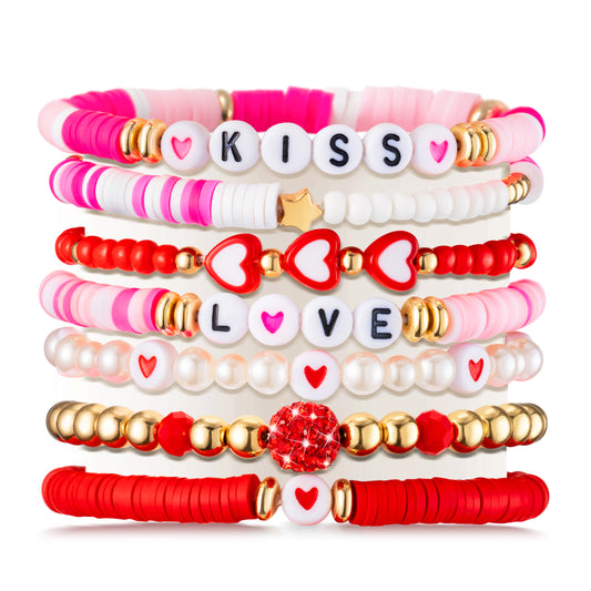 Y1tvei Valentine's Day Bracelet for Women - 7Pcs Pink Red Clay Bead Surfer Bracelet Set Love Heart Gold Plated Bead Stackable Stretch Bracelet Layering Jewelry Friendship Bracelet Gift for Women Lover