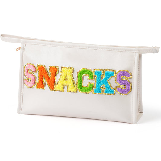 Y1tvei Large SNACKS Bag Pouch - Colorful Snacks Chenille Letter Zipper Pouch for Travel, PU Leather Makeup Bag, Large Waterproof Portable Cosmetic Bags, Flat Pouch Travel Organizer for Women(White)