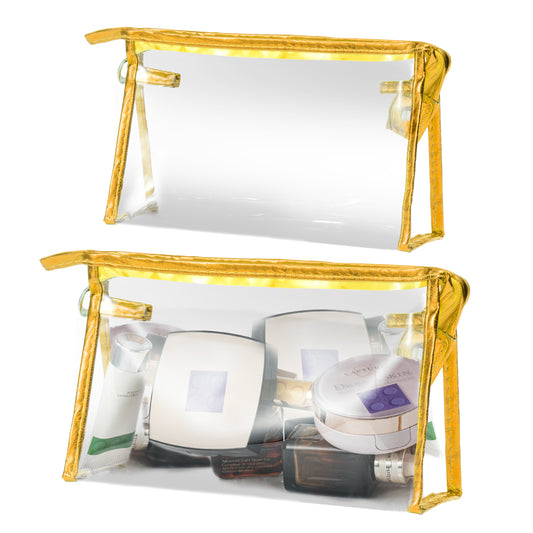 Y1tvei Clear Makeup Bag Set - 2Pcs Preppy Clear Cosmetic Travel Bag TSA Approved Large PVC Transparent Waterproof Plastic Sunscreen Pouch Beach Pool Summer Zipper Toiletry Organizer for Women(Gold)
