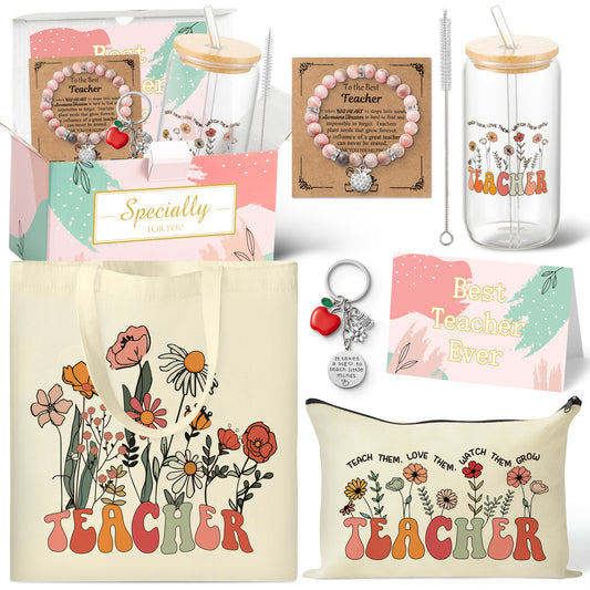 Y1tvei Teacher Appreciation Gift Set - Flower Teacher Canvas Tote Makeup Bag Set with Apple Keychain, 16 OZ Glass Cup with Bamboo Lid and Straw, Pink Zebra Bracelet Thank You Trend Jewelry for Women