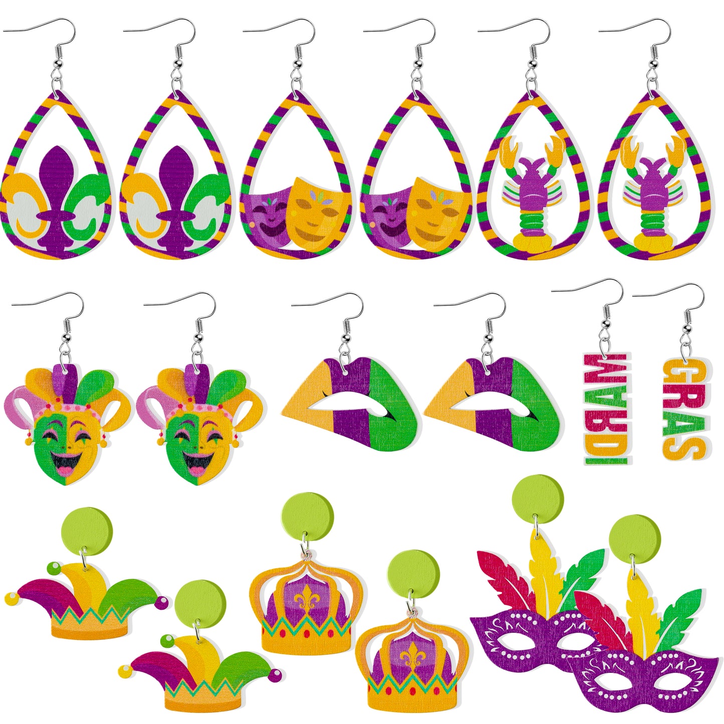 Y1tvei Mardi Gras Wooden Earrings - 9Pairs Purple Mask Crown Feather Shaped Dangle Earring Lightweight Cute Carnival Cutout Stud Teardrop Earring Fat Tuesday Festival Outfit for Women Girls