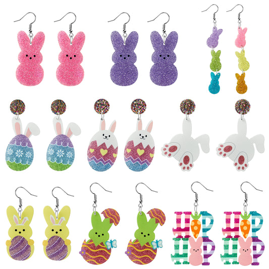 Y1tvei Easter Bunny Glitter Earrings - 9Pairs Pink Purple Peeps Rabbit Egg Shaped Sparkly Glitter Drop Dangle Earring Lightweight Cute Cartoon Ear Decoration Holiday Jewelry Gift for Girls Women