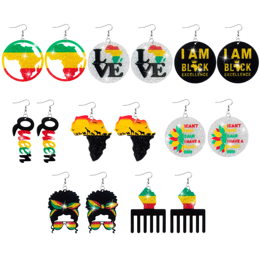 Y1tvei Black History Month Earrings - 8Pairs Black History Month African Map Queen Sparkly Glitter Earring Drop Dangle Lightweight American African Acrylic Jewelry Ear Party Supplies Gift for Women