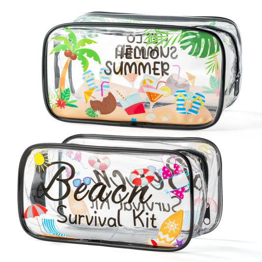 Y1tvei 2Pcs Beach Survival Kit Clear Cosmetic Bag Hello Summer Theme PVC Plastic Transparent Makeup Toiletry Bag Portable Waterproof Seaside Travel Pouch Organizer with Zipper for Women Girls Coast