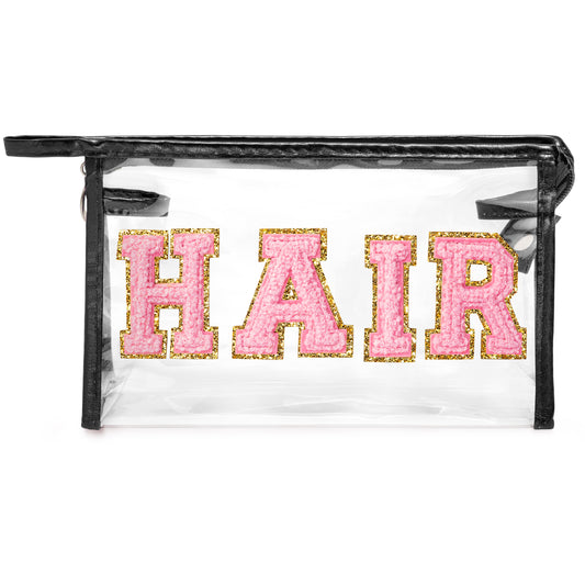 Y1tvei Clear HAIR Makeup Bag - Preppy Patch Pink Chenille Varsity Letter Cosmetic Bag Transparent PVC Zipper Waterproof Portable Beach Travel Storage Pouch Toiletry Organizer for Women(Black)