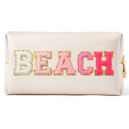 Y1tvei BEACH Chenille Letter Bag - Preppy Patch Red Beach Makeup Cosmetic Bag Leather Waterproof Zipper Summer Beach Bag Travel Pouch Sunscreen Lotion Toiletry Bag Gift for Women Vacation(Shell Gold)