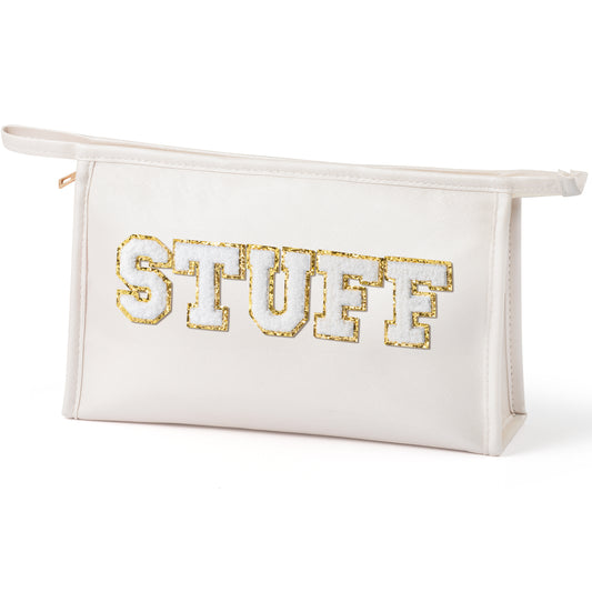 Y1tvei STUFF Zipper Pouch Large - White Preppy Stuff Chenille Letter Pouch for Travel, PU Leather Makeup Bag, Large Waterproof Portable Cosmetic Bags, Flat Pouch Travel Organizer for Women(White)